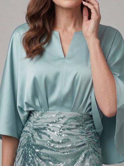 Robe Mère de la Mariée Sirène Col Bateau Manches 3/4 Longueur au Sol avec Appliques & Paillettes