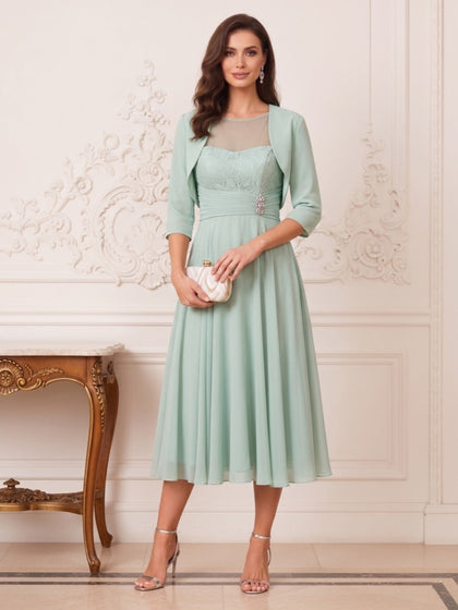 Ligne A/Princesse Cou d'illusion 3/4 Manches Longueur de Thé Robes Mère de la Mariée avec Plis & Perles