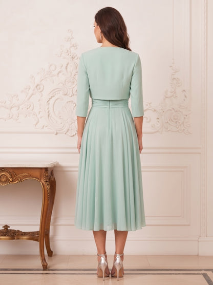 Robe Mère de la Mariée Ligne A Encolure Illusion Manches 3/4 Longueur Thé à Plis & Perles