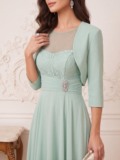 Robe Mère de la Mariée Ligne A Encolure Illusion Manches 3/4 Longueur Thé à Plis & Perles