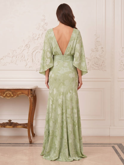 Robe Mère de la Mariée Fourreau Col Bateau Manches 3/4 Longueur au Sol Plissée