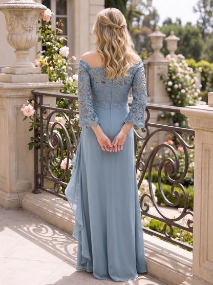Robe Mère de la Mariée Ligne A Épaules Dénudées Manches Longues Longueur au Sol avec Dentelle & Appliques