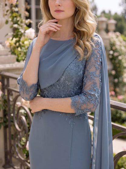 Robe Mère de la Mariée Fourreau Col Rond Manches Mi-longues Longueur au Sol avec Appliques & Dentelle
