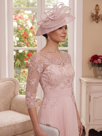Robe Mère de la Mariée Fourreau Encolure Illusion Manches 3/4 Longueur Genou avec Appliques & Dentelle