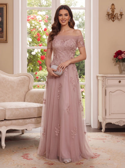 Robe Mère de la Mariée Ligne A Épaules Dénudées Manches Courtes Longueur au Sol avec Appliques