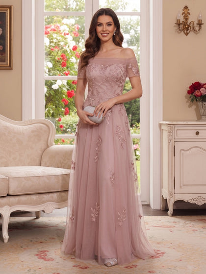 Robe Mère de la Mariée Ligne A Épaules Dénudées Manches Courtes Longueur au Sol avec Appliques