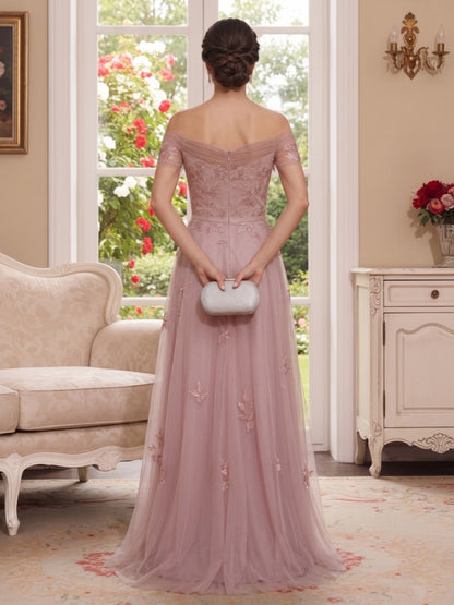 Robe Mère de la Mariée Ligne A Épaules Dénudées Manches Courtes Longueur au Sol avec Appliques