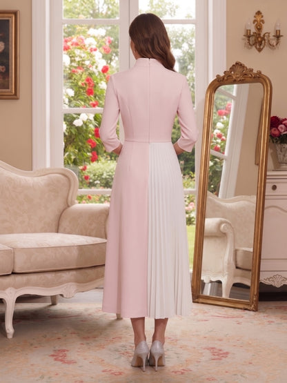 Robe Mère de la Mariée Ligne A/Princesse, Col en V & Manches Mi-longues, Longueur Thé avec Appliques & Plis