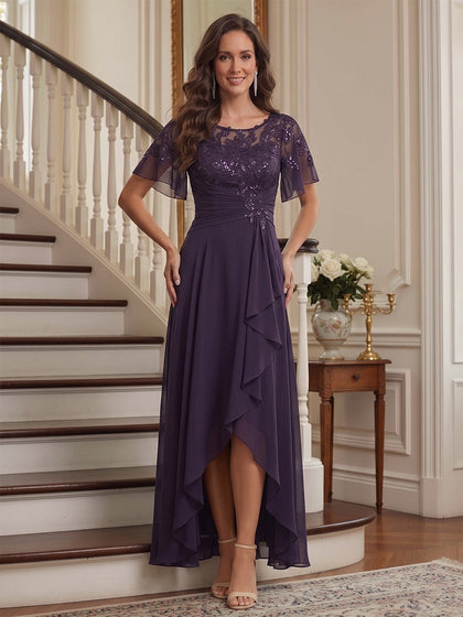 Ligne A/Princesse Scoop Manches Papillon Asymétrique Robes Mère de la Mariée avec Paillettes & Froufrous