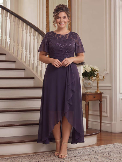 Robe de Mère de la Mariée Grande Taille Coupe A-Line/Princesse Asymétrique à Col Rond, Manches Flottantes avec Paillettes & Volants
