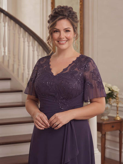 Robe de Mère de la Mariée Grande Taille Coupe A-Line/Princesse Asymétrique à Col Rond, Manches Flottantes avec Paillettes & Volants