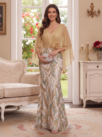 Robe Mère de la Mariée Longueur Sol Trompette/Sirène, Col en V & Manches Mi-longues, Cape & Fleurs 3D