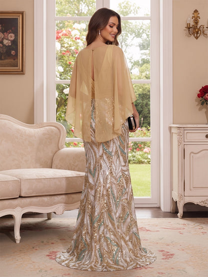 Robe Mère de la Mariée Longueur Sol Trompette/Sirène, Col en V & Manches Mi-longues, Cape & Fleurs 3D