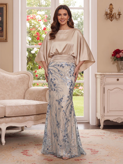 Robe Mère de la Mariée Longueur Sol Trompette/Sirène, Col Dégagé & Manches 3/4, Paillettes & Poches