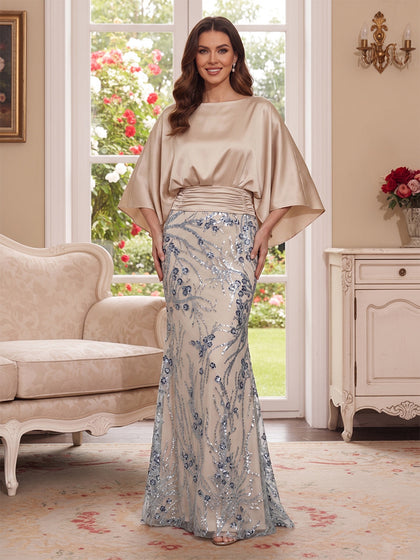 Trompette/Sirène Scoop 3/4 Manches La Longueur du Sol Robes Mère de la Mariée avec Paillettes & Les Poches