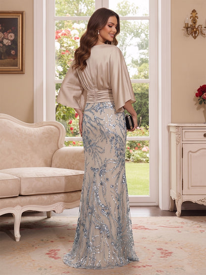 Robe Mère de la Mariée Longueur Sol Trompette/Sirène, Col Dégagé & Manches 3/4, Paillettes & Poches