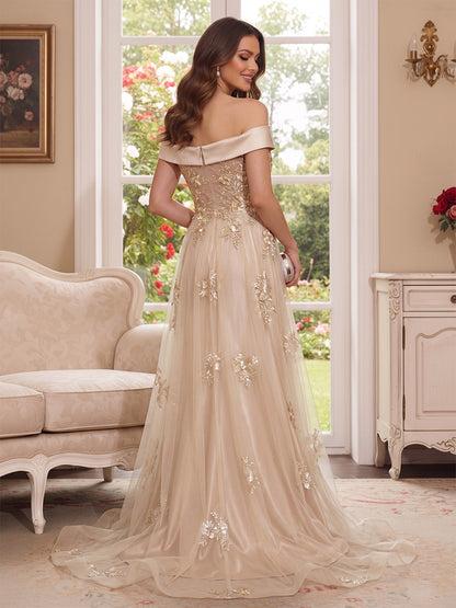 Robe Mère de la Mariée Longueur Sol Trompette/Sirène, Épaules Dénudées & Manches Courtes, Appliques & Fleurs 3D
