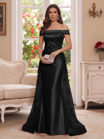 Robe Mère de la Mariée Longueur Sol Trompette/Sirène, Épaules Dénudées & Manches Courtes, Appliques & Fleurs 3D