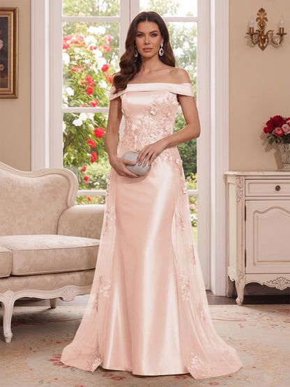 Robe Mère de la Mariée Longueur Sol Trompette/Sirène, Épaules Dénudées & Manches Courtes, Appliques & Fleurs 3D