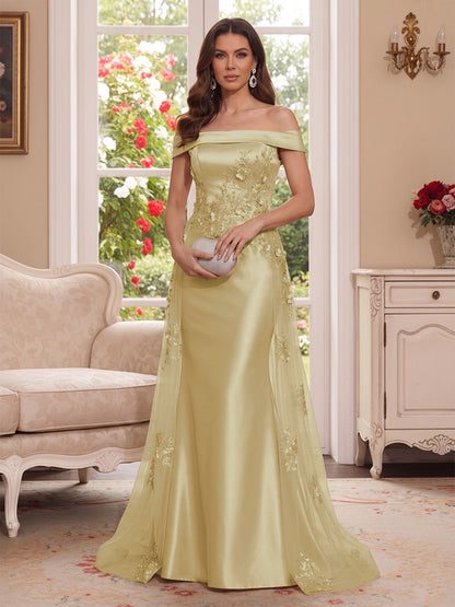 Robe Mère de la Mariée Longueur Sol Trompette/Sirène, Épaules Dénudées & Manches Courtes, Appliques & Fleurs 3D