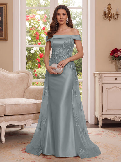 Robe Mère de la Mariée Longueur Sol Trompette/Sirène, Épaules Dénudées & Manches Courtes, Appliques & Fleurs 3D
