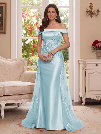 Robe Mère de la Mariée Longueur Sol Trompette/Sirène, Épaules Dénudées & Manches Courtes, Appliques & Fleurs 3D