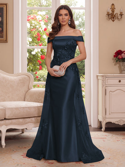 Robe Mère de la Mariée Longueur Sol Trompette/Sirène, Épaules Dénudées & Manches Courtes, Appliques & Fleurs 3D
