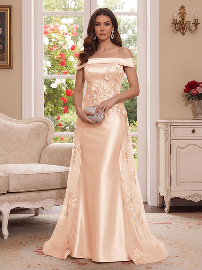 Robe Mère de la Mariée Longueur Sol Trompette/Sirène, Épaules Dénudées & Manches Courtes, Appliques & Fleurs 3D
