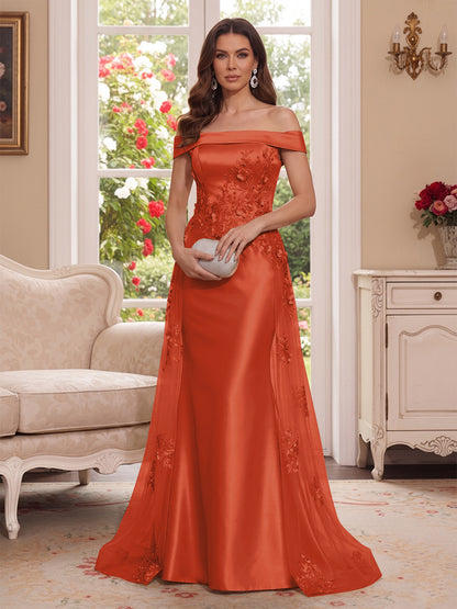 Robe Mère de la Mariée Longueur Sol Trompette/Sirène, Épaules Dénudées & Manches Courtes, Appliques & Fleurs 3D