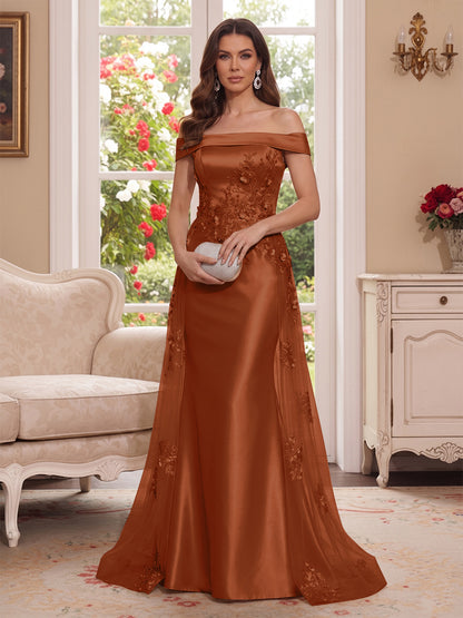 Robe Mère de la Mariée Longueur Sol Trompette/Sirène, Épaules Dénudées & Manches Courtes, Appliques & Fleurs 3D