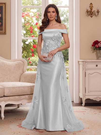 Robe Mère de la Mariée Longueur Sol Trompette/Sirène, Épaules Dénudées & Manches Courtes, Appliques & Fleurs 3D