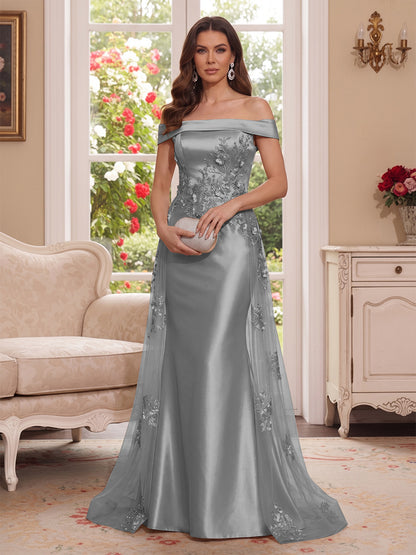 Robe Mère de la Mariée Longueur Sol Trompette/Sirène, Épaules Dénudées & Manches Courtes, Appliques & Fleurs 3D
