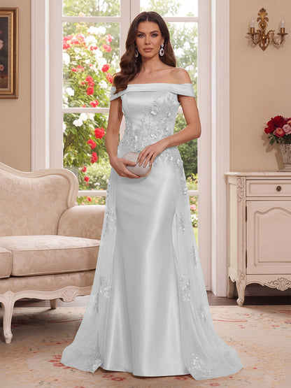 Robe Mère de la Mariée Longueur Sol Trompette/Sirène, Épaules Dénudées & Manches Courtes, Appliques & Fleurs 3D