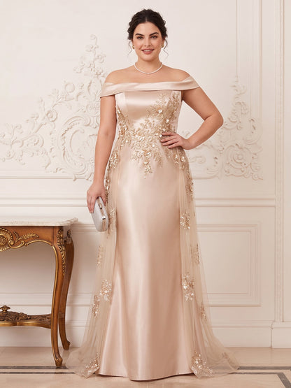Robe Mère de la Mariée Grande Taille Sirène Épaules Dénudées à Manches Courtes Longueur Sol avec Appliques et Fleurs 3D