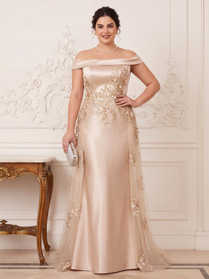 Trompette/Sirène Hors de L'épaule Manches Courtes Longueur du sol Robes Mère de la Mariée Grande Taille avec Appliqué & 3D Florale