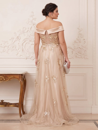 Robe Mère de la Mariée Grande Taille Sirène Épaules Dénudées à Manches Courtes Longueur Sol avec Appliques et Fleurs 3D