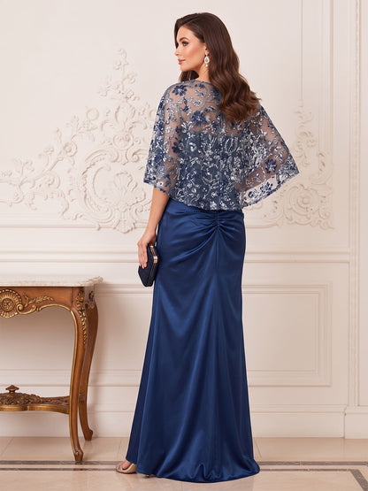 Robe Mère de la Mariée Longueur Sol Trompette/Sirène, Col Bateau & Manches 3/4, Paillettes & Appliques
