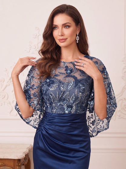 Robe Mère de la Mariée Longueur Sol Trompette/Sirène, Col Bateau & Manches 3/4, Paillettes & Appliques