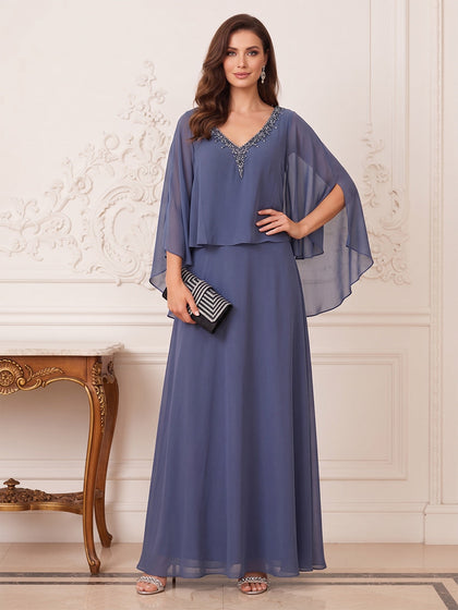 Ligne A/Princesse Manches Papillon  Col en V La Longueur du Sol Robes Mère de la Mariée avec Perles & Strass