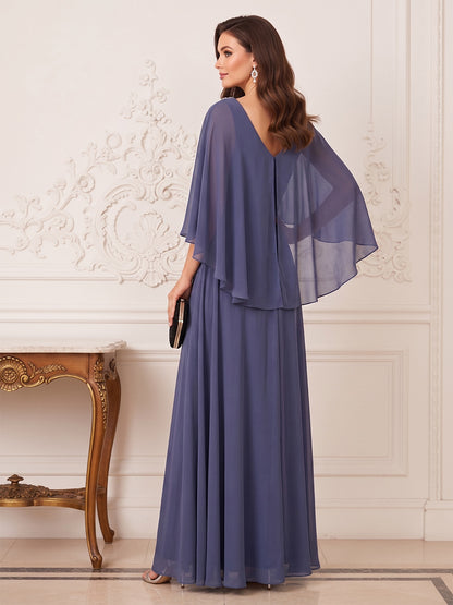 Robe Mère de la Mariée Longueur Sol Ligne A/Princesse, Col en V & Manches Papillon, Perles & Strass