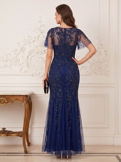Robe Mère de la Mariée Longueur Sol Gaine/Colonne à Col Cœur, Manches Papillon, Appliques & Perles