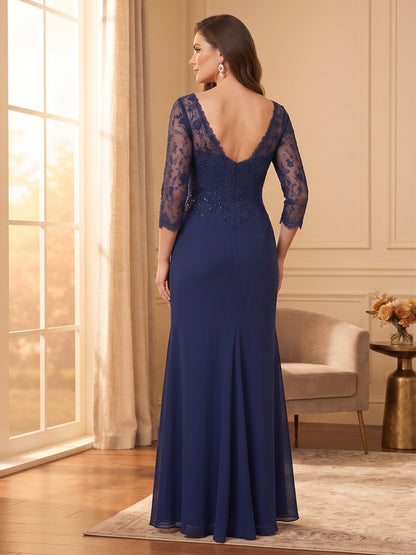 Robe de Mère de la Mariée Grande Taille Coupe Sirène/Trompette à Col Illusion, Manches 3/4, Longueur au Sol avec Volants & Appliques
