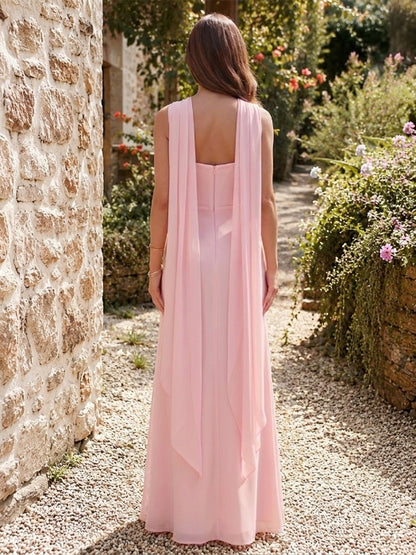 Robe de demoiselle d'honneur longue au sol fourreau, col carré, sans manches avec effet écharpe