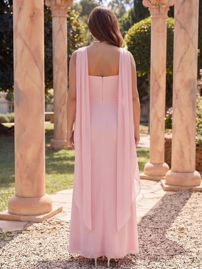 Robe de demoiselle d'honneur grande taille longue en mousseline, coupe fourreau, encolure carrée, sans manches, avec étole