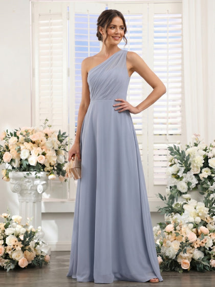 Gaine/Colonne Une Épaule Sans Manches La Longueur du Sol Robes de Demoiselle D'honneur avec Ruché