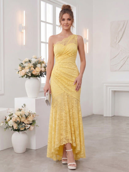 Trompette/Sirène Une Épaule Sans Manches Asymétrique Robes de Demoiselle d'Honneur avec Dentelle & Appliqué
