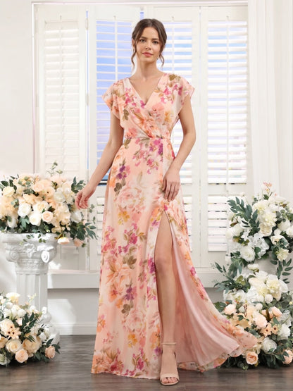 Robe de demoiselle d'honneur longue au sol trapèze, col en V, manches courtes et fente latérale