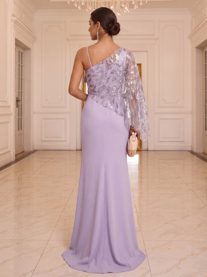Robe de Soirée Trompette/Sirène, Col Dégagé & Coupe Asymétrique, Longueur Sol avec Volants & Nœud Papillon