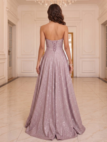 Robe de Soirée Ligne A/Princesse Sans Bretelles, Longueur Sol avec Fente Latérale & Fronces