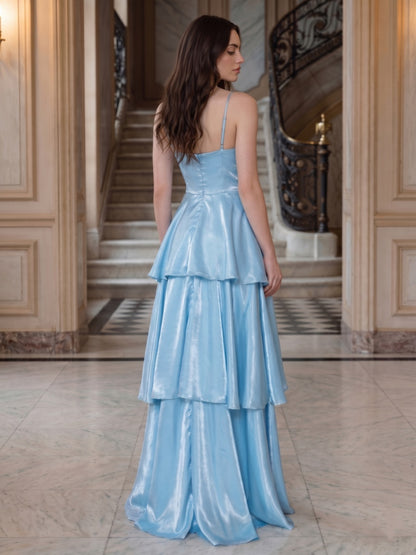 Robe de Soirée Ligne A/Princesse à Bretelles Spaghetti, Longueur Sol avec Volants